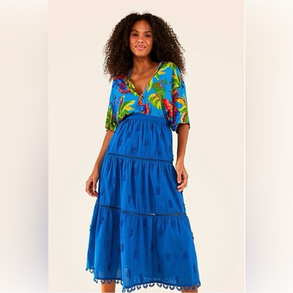 FARM Rio Blue 3D Pineapple Embroidered Midi Skirt Pom Pom Hem A-Line Size S NEW - Picture 2 of 12